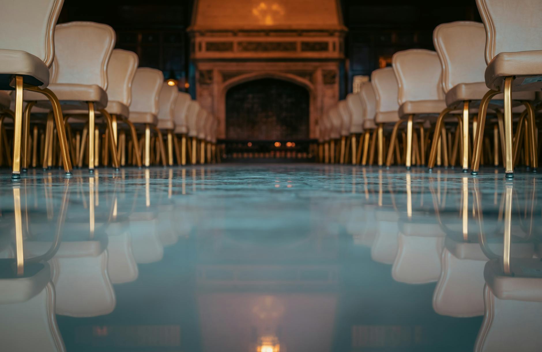 Nowoczesna sala z rzędami krzeseł przygotowana na bal charytatywny